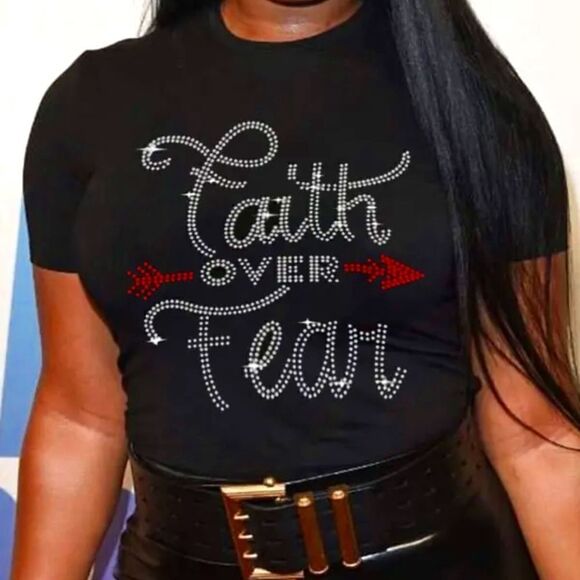 New Faith over Fear Rhinestone T-shirt Black with Red and Silver Soft Stretchy - Picture 1 of 9
